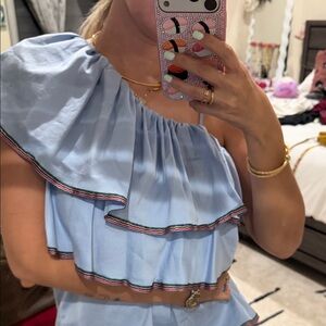 Saks Fifth Avenue Light Blue One-Shoulder Ruffle Tunic with Trim